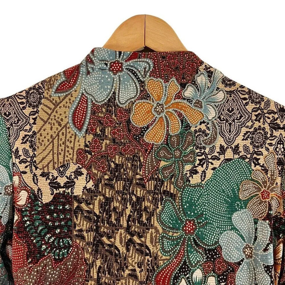 Graff Metallic Floral Blouse Medium Draped V Neck Long Sleeve Colorful Stretch - Picture 5 of 7